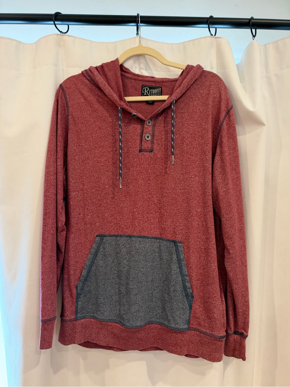 Retrofit Men's Heather Red Hooded Henley with Contrast Navy Kangaroo Pocket